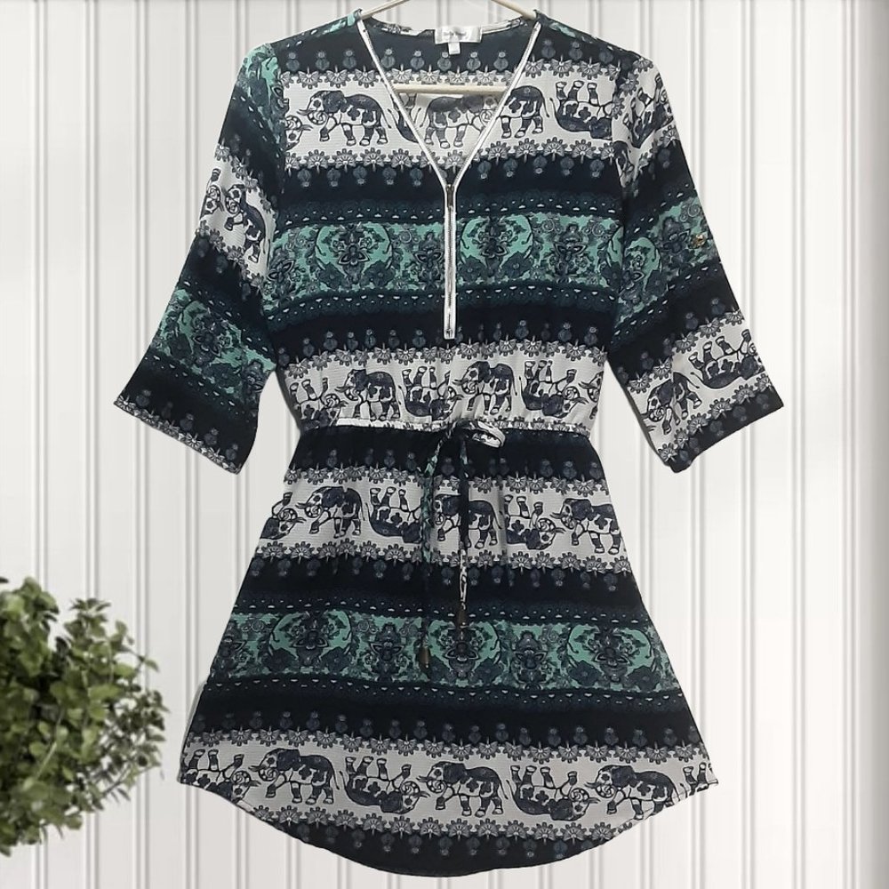 S | Stella Tweed | Elephant Print V-Neck Blouson Dress